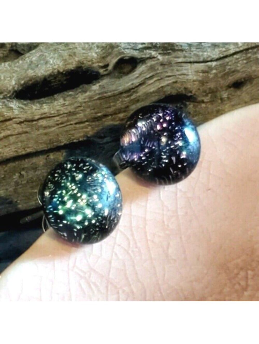 Fused Dichroic Art Glass Cabochon Black Multi Round Stud Earrings  Style 1260-A